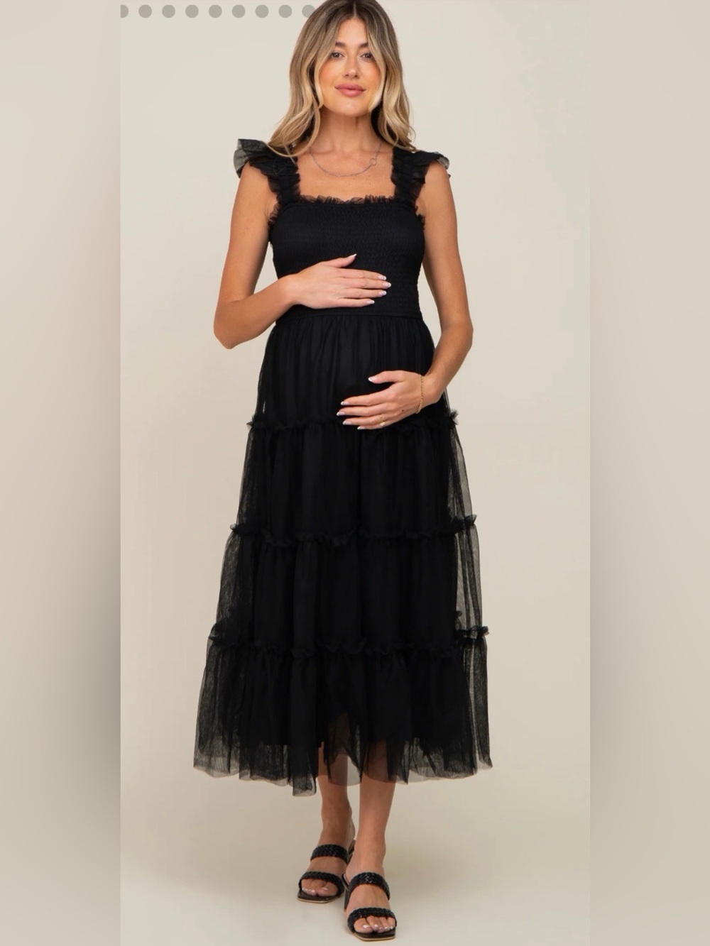 Black Smocked Mesh Ruffle Accent Maternity Midi Dress - Size XL